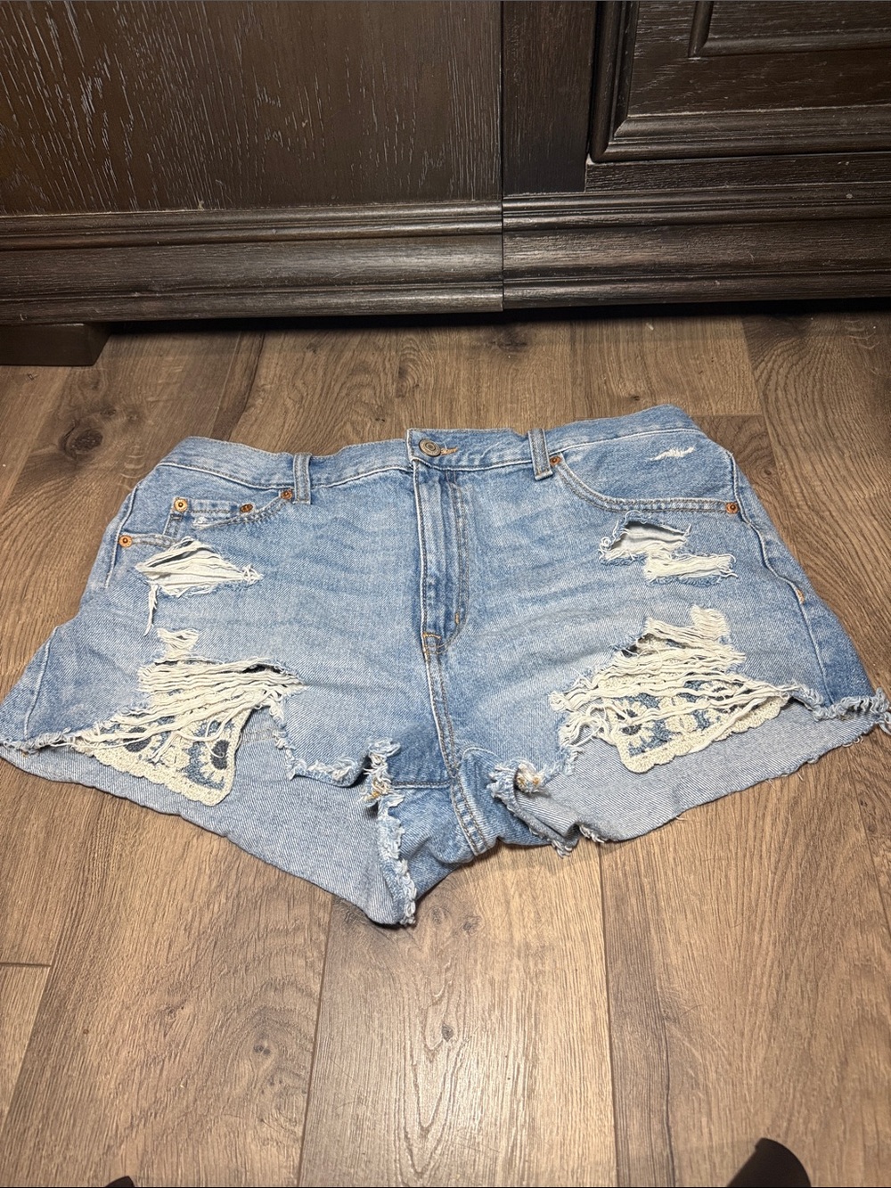 Aeropostale Light Blue Distressed Denim Lace-Accent Shorts